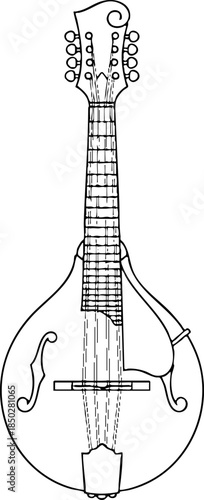 Detailed line drawing of a mandolin musical instrument