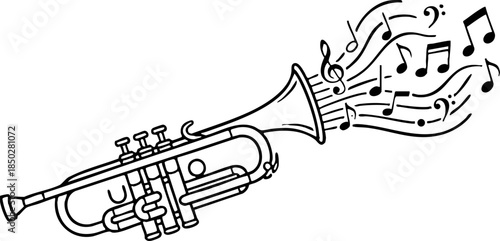 Black and White Trumpet Playing Music Notes Doodle Illustration