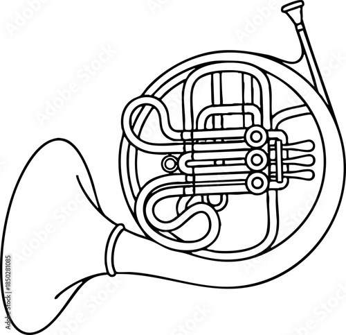 French Horn Brass Instrument Detailed Line Art Drawing