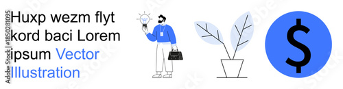 Innovation, financial growth, business management, creativity, investment, strategy. A person holding a light bulb, a potted plant and a dollar symbol. Innovation and financial growth concept