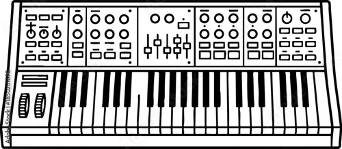 Electronic Music Synthesizer Keyboard Vector Line Art Illustration.
