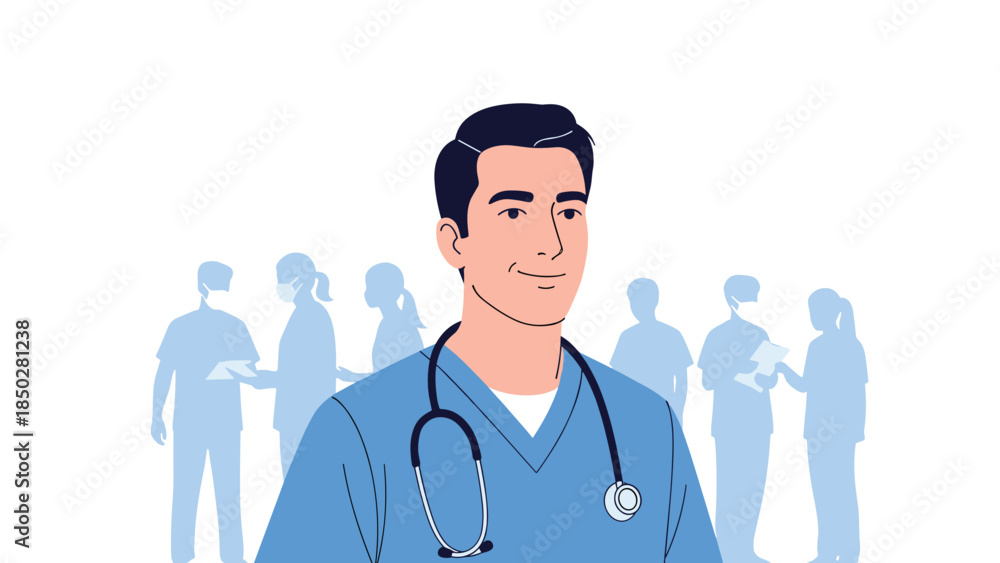 Fototapeta premium A confident and friendly male doctor smiling with a stethoscope, standing in front of his medical team.