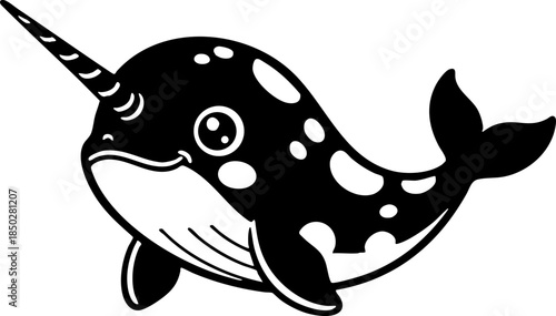 Cute cartoon black and white narwhal character graphic design