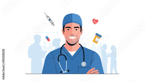 A happy male doctor in scrubs and a cap smiles confidently, surrounded by medical icons and his healthcare team.