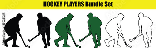 Hockey players in various poses with sticks and puck