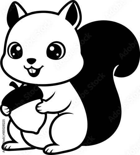 Cute Squirrel Character Holding Acorn Black and White Graphic