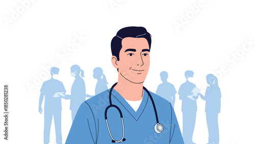 A confident and friendly male doctor smiling with a stethoscope, standing in front of his medical team.