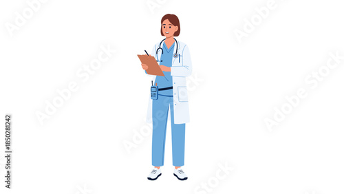 A professional female doctor or nurse in a white coat and scrubs, holding a clipboard and smiling happily.