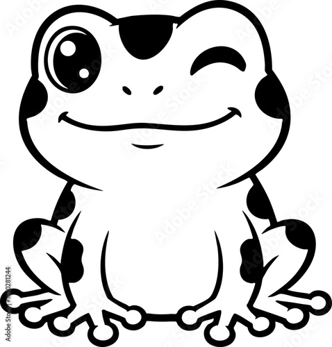 Cute Winking Frog Cartoon Black and White Line Art Illustration