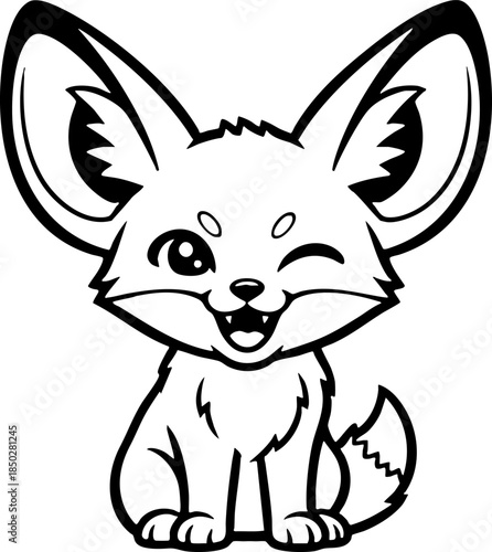 Cute Winking Fennec Fox Cartoon Character Line Art Illustration