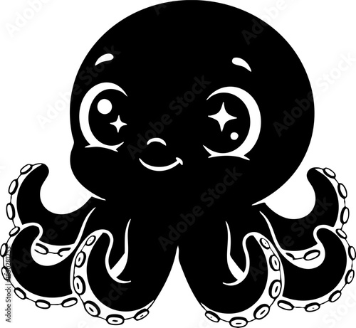Monochrome cute little octopus silhouette vector logo