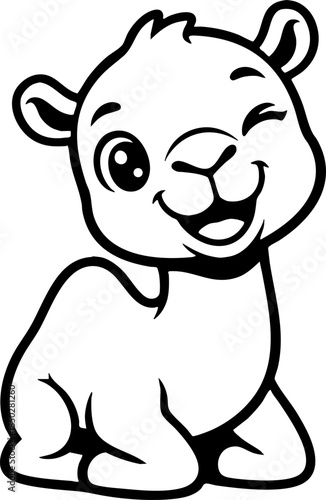 Cute Baby Camel Cartoon Winking Black and White Line Art