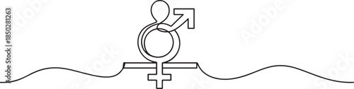 Continuous thin line gender icon, monoline male female rights draw, one line art sex equity symbol, single outline balance sign. one line Icon drawing