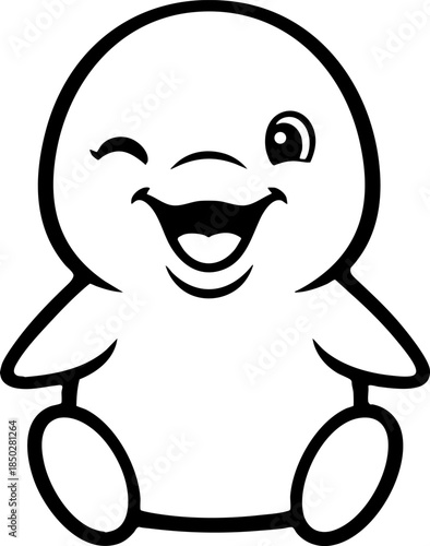 Cute Winking Cartoon Character Mascot Black and White Line Art