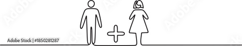 Continuous thin line gender icon, monoline male female rights draw, one line art sex equity symbol, single outline balance sign. one line Icon drawing