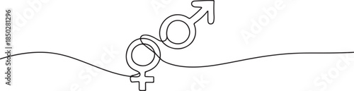 Continuous thin line gender icon, monoline male female rights draw, one line art sex equity symbol, single outline balance sign. one line Icon drawing