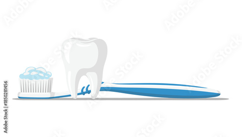 A healthy human tooth stands proudly next to a blue toothbrush with fresh foamy toothpaste, promoting oral care.