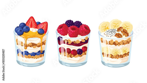 Three delicious and healthy yogurt parfaits in glasses, layered with various fresh fruits, granola, and honey.