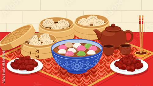 Illustration of a cartoon ninja with a sword behind a red circle and a pagoda gate