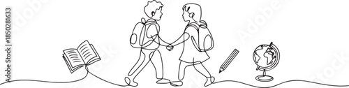 One line drawing of two school children walking together with backpacks, holding hands, surrounded by floating book, pencil, and globe icons. one line Icon drawing