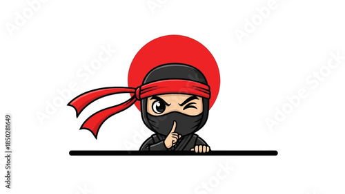 Illustration of a cartoon ninja with a sword behind a red circle and a pagoda gate
