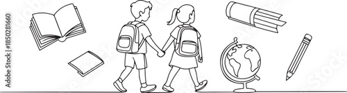 One line drawing of two school children walking together with backpacks, holding hands, surrounded by floating book, pencil, and globe icons. one line Icon drawing