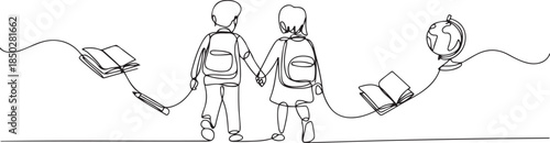One line drawing of two school children walking together with backpacks, holding hands, surrounded by floating book, pencil, and globe icons. one line Icon drawing