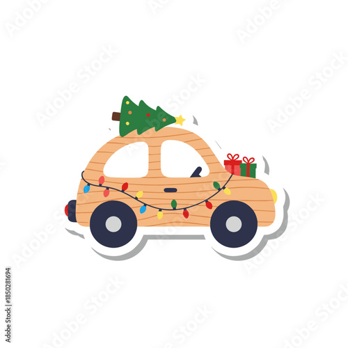 Cute wooden car with Christmas tree and gifts, festive holiday season illustration.