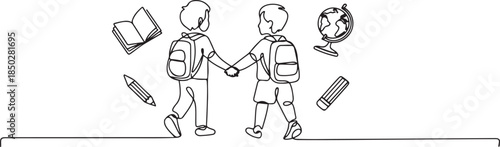 One line drawing of two school children walking together with backpacks, holding hands, surrounded by floating book, pencil, and globe icons. one line Icon drawing
