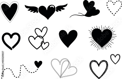 Collection of various heart symbols and icons in black and white
