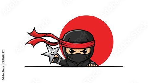 Illustration of a cartoon ninja with a sword behind a red circle and a pagoda gate