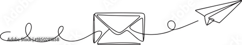 Continuous one line drawing of envelope mail with airplane paper, Continuous single line sketch drawing of envelope mail with flying paper plane sending letter. one line Icon drawing