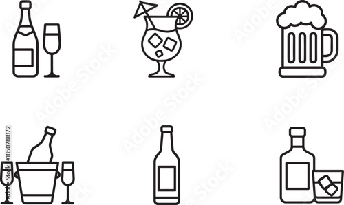 Simple alcohol line icons set in black silhouette style for bar, menu, UI use.