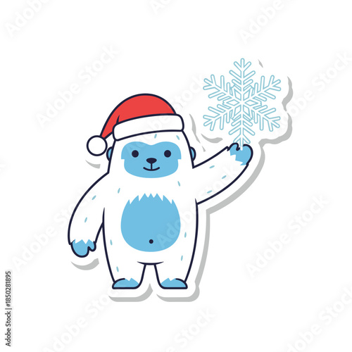 Cute Yeti Wearing Santa Hat Holding Snowflake Sticker.