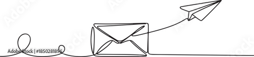 Continuous one line drawing of envelope mail with airplane paper, Continuous single line sketch drawing of envelope mail with flying paper plane sending letter. one line Icon drawing