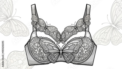 Elegant lace butterfly bra vector illustration, fashionable lingerie artwork with wings design, feminine underwear drawing