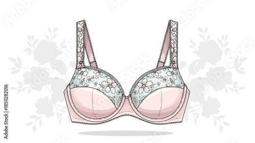 Illustration of a pink bra with floral lace on a clean white background evoking lingerie and fashion design