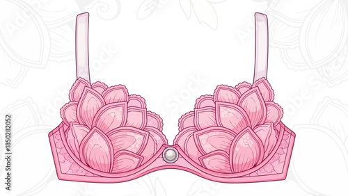 Floral bra illustration with pink petals and a pearl, presented as a stylish lingerie design graphic