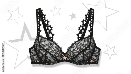 Lacy black bralette with star accents, graphic illustration on white background