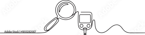 Blood glucose with magnifying glass continuous one line drawing. Vector illustration. one line Icon drawing