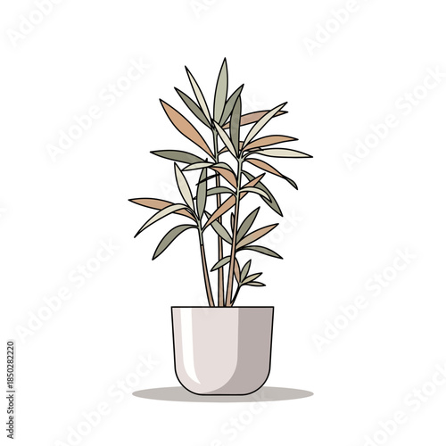 Minimalist botanical illustration of a potted plant with soft earth tone foliage and simple