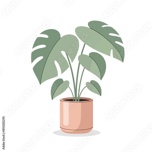 Minimalist monstera illustration radiating freshness and serenity in a soft pink pot