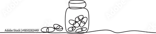 Continuous Line Drawing of Medicine Pills Icon. Hand Drawn Symbol Vector Illustration, Continuous one line drawing jar with pills. one line Icon drawing