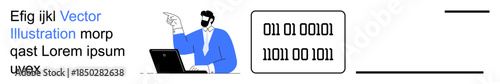 Technology, coding, data processing, programming, IT concepts, digital education. A man sitting at a laptop with binary code displayed. Technology and coding
