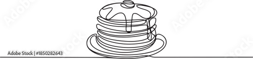 Continuous one line drawing of a tall stack of pancakes drizzled with dripping syrup. Vector illustration hand drawn. one line Icon drawing