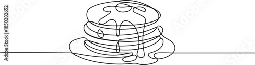 Continuous one line drawing of a tall stack of pancakes drizzled with dripping syrup. Vector illustration hand drawn. one line Icon drawing