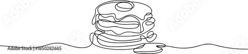 Continuous one line drawing of a tall stack of pancakes drizzled with dripping syrup. Vector illustration hand drawn. one line Icon drawing