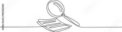 One continuous line drawing of magnifying glass and document, Business analysis concept. one line Icon drawing