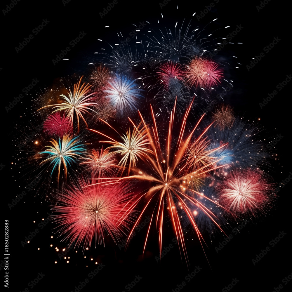 Fototapeta premium Vibrant Colorful Fireworks Bursting Brightly Across Dark Night Sky Spectacular Celebration Event Joyful Festive Holiday