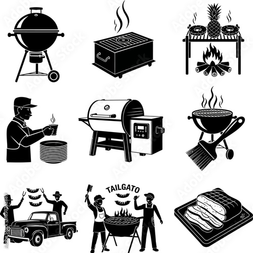 Black and White Icons of Barbecue Grills and Grilling Activities Keywords: barbecue grill, smoker, charcoal grill, gas grill, man